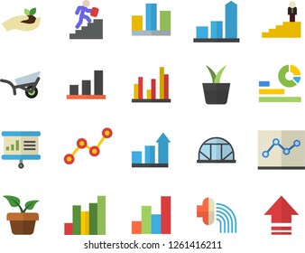 Color flat icon set home plant flat vector, seedlings, hose irrigation, garden wheelbarrow, greenhouse, chart, statistics, scatter, statistic, point diagram, career ladder, presentaition board