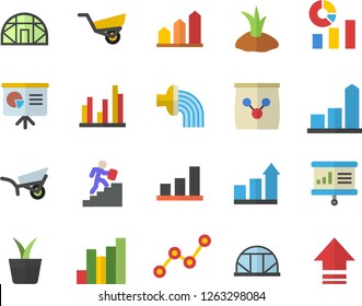 Color flat icon set home plant flat vector, planting plants, hose irrigation, garden wheelbarrow, greenhouse, fertilizer vectory, chart, statistics, scatter, statistic, career ladder, achievement