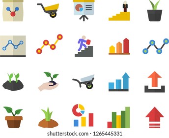 Color flat icon set home plant flat vector, seedlings, planting plants, garden wheelbarrow, fertilizer vectory, chart, statistics, scatter, point diagram, career ladder, presentaition board, upload