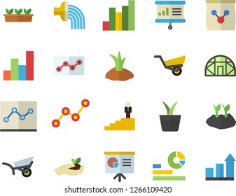 Color flat icon set home plant flat vector, seedlings, planting plants, hose irrigation, garden wheelbarrow, greenhouse, fertilizer vectory, chart, statistics, scatter, point diagram, career ladder