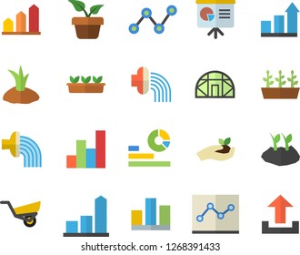 Color flat icon set home plant flat vector, seedlings, planting plants, hose irrigation, garden wheelbarrow, greenhouse, chart, statistics, scatter, statistic, point diagram, presentaition board