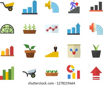 Color flat icon set home plant flat vector, hose irrigation, garden wheelbarrow, seedlings, greenhouse, fertilizer vectory, chart, statistics, point diagram, career ladder, achievement, upload