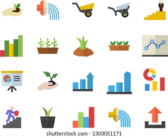 Color flat icon set home plant flat vector, seedlings, planting plants, hose irrigation, garden wheelbarrow, chart, statistics, point diagram, career ladder, presentaition board, achievement, upload