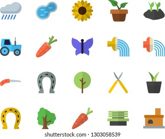 Color flat icon set home plant flat vector, carrot, tree, flower, horseshoe, tractor, knife, planting plants, hose irrigation, butterflies, rain, bench, pond, fireplace