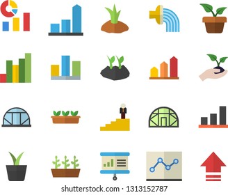 Color flat icon set home plant flat vector, seedlings, planting plants, hose irrigation, greenhouse, chart, statistics, statistic, point diagram, career ladder, presentaition board, achievement