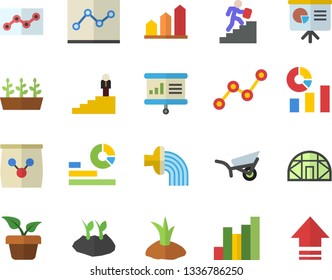 Color flat icon set home plant flat vector, planting plants, hose irrigation, garden wheelbarrow, seedlings, greenhouse, fertilizer vectory, chart, statistics, scatter, point diagram, career ladder