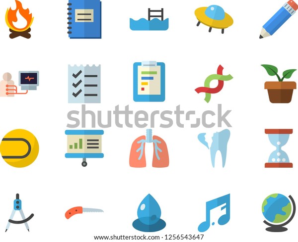 Color flat icon set home plant flat vector, knife,
bonfire, drop, dividers, graphic report, diagnostics, DNA, broken
tooth, lungs, notebook, to do list, pencil, presentaition board,
ufo, tennis ball