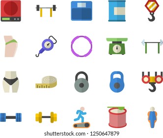 Color flat icon set hook flat vector, weighing machine, spring balance, dumbbell, barbell, weight, centimeter, buttocks, waistline, Treadmill, proteins, steroids, hoop, size