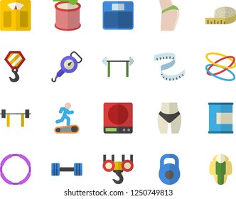 Color flat icon set hook flat vector, weighing machine, spring balance, dumbbell, barbell, weight, centimeter, buttocks, waistline, Treadmill, proteins, steroids, hoop, lose