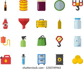 Color flat icon set hook flat vector, tool bag, glass jar, sieve, sauce, jam, mustard, ketchup, pulverizer, oil tanks, canister, bottles, funnel, bags, medical warmer, archive, beakers, pills