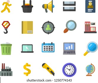 Color flat icon set hook flat vector, stationery knife, gas station, plant, metallurgy, magnifier, target audience, dollar, calendar, clock, notebook, badge, paper tray, laptop, computer, run, globe