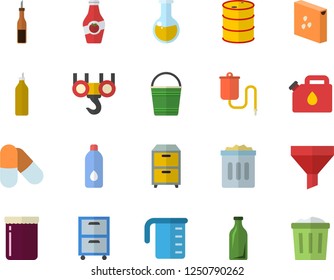 Color flat icon set hook flat vector, meashuring cup, groats, sauce, jam, mustard, ketchup, bucketful, oil tanks, canister, glass bottles, funnel, medical warmer, analysis, archive, pills, water