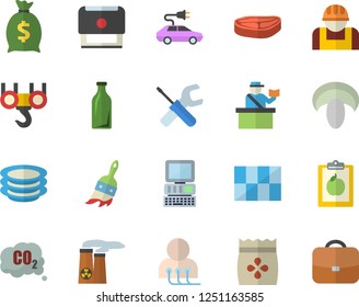 Color flat icon set hook flat vector, tool, tile, plates, chop, mushroom, seeds, paint brush, construction worker, electric cars, carbon dioxide, glass bottles, wealth, diagnostics, stamp, computer