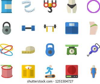 Color flat icon set hook flat vector, weighing machine, spring balance, dumbbell, barbell, weight, centimeter, buttocks, waistline, Treadmill, proteins, steroids, hoop, size