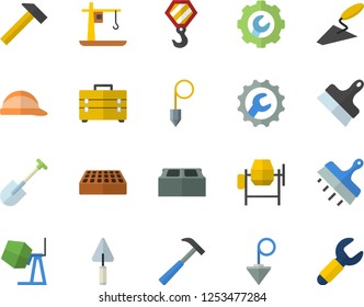 Color flat icon set hook flat vector, concrete mixer, trowel, tool bag, hard hat, repair, putty knife, construction plummet, brick, hammer, shovel, crane, wrench