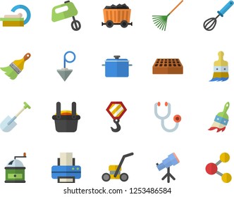 Color flat icon set hook flat vector, paint brush, construction plummet, brick, saucepan, whisk, coffee grinder, mixer, shovel, rake, lawn mower, mining, metallurgy, stethoscope, tomograph, printer
