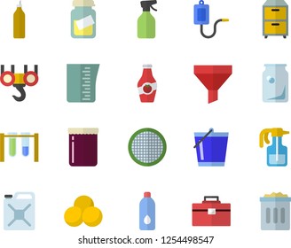 Color flat icon set hook flat vector, tool bag, meashuring cup, sieve, jam, mustard, ketchup, pulverizer, bucketful, canister, glass bottles, funnel, medical warmer, analysis, archive, beakers