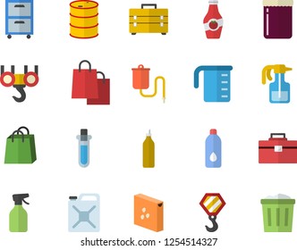 Color flat icon set hook flat vector, tool bag, meashuring cup, groats, jam, mustard, ketchup, pulverizer, oil tanks, canister, bags, medical warmer, archive, beakers, water, trash can