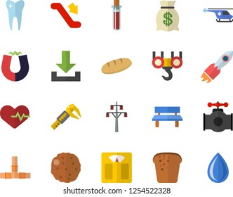 Color flat icon set hook flat vector, pipes, bread, cutlet, bench, trammel, main pipeline, power line support, rocket, wealth, blood test, helicopter, tooth, magnet, heartbeat, weighing machine