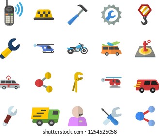 Color flat icon set hook flat vector, tool, repair, warm floor, hammer, wrench, phone call, trucking, ambulance, helicopter, operator, motorcycle fector, transfer, taxi, share