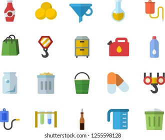 Color flat icon set hook flat vector, meashuring cup, sauce, ketchup, bucketful, canister, glass bottles, funnel, bags, medical warmer, analysis, archive, beakers, pills, water, trash can