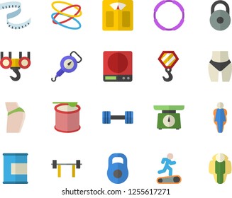 Color flat icon set hook flat vector, weighing machine, spring balance, dumbbell, barbell, weight, centimeter, buttocks, waistline, Treadmill, proteins, steroids, hoop, size, lose