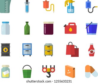 Color flat icon set hook flat vector, meashuring cup, groats, glass jar, jam, ketchup, pulverizer, bucketful, oil tanks, canister, bottles, bags, medical warmer, analysis, archive, beakers, pills