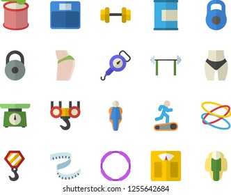 Color flat icon set hook flat vector, weighing machine, spring balance, dumbbell, barbell, weight, centimeter, buttocks, waistline, Treadmill, proteins, steroids, hoop, size, lose