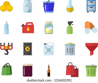 Color flat icon set hook flat vector, sauce, jam, pulverizer, bucketful, oil tanks, canister, glass bottles, funnel, bags, medical analysis, archive, pills, water, trash can