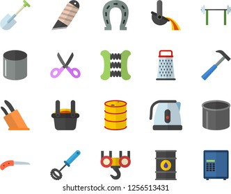 Color flat icon set hook flat vector, stationery knife, hammer, electric kettle, whisk, knives, scissors, grater, horseshoe, shovel, oil tanks, pipe production, metallurgy, barbell, carpal expander