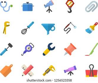 Color flat icon set hook flat vector, tool, paint brush, measure, saucepan, spring balance, whisk, meat hammer, cutting board, trammel, welding, wrench, funnel, stethoscope, scalpel, clip, pushpin