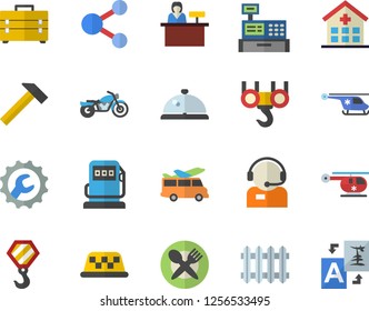 Color flat icon set hook flat vector, tool bag, repair, hammer, refueling, radiator, telephone operator, cash machine, hospital, helicopter, motorcycle fector, table setting, transfer, taxi, jingle
