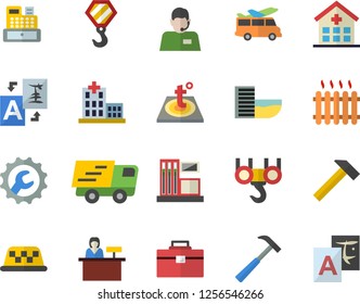 Color flat icon set hook flat vector, tool bag, repair, warm floor, hammer, gas station, radiator, telephone operator, trucking, cash machine, hospital, hotel first line fector, transfer, taxi