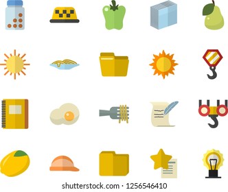 Color flat icon set hook flat vector, hard hat, lemon, spaghetti on a fork, bell pepper, scrambled eggs, pear, sun, computer file, sticker, hostory roll, notebook, vitamins, taxi fector, favorites