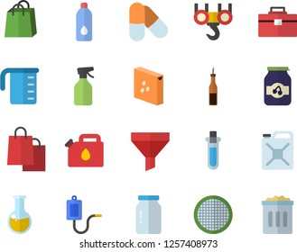 Color flat icon set hook flat vector, tool bag, meashuring cup, groats, glass jar, sieve, sauce, jam, pulverizer, canister, funnel, bags, medical warmer, analysis, beakers, pills, water, trash can