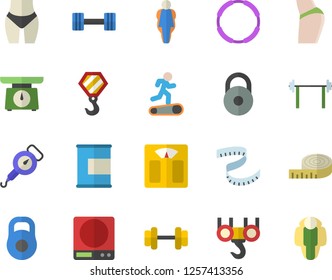 Color flat icon set hook flat vector, weighing machine, spring balance, dumbbell, barbell, weight, centimeter, buttocks, waistline, Treadmill, proteins, hoop, size, lose