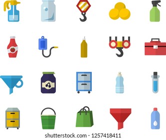 Color flat icon set hook flat vector, tool bag, jam, mustard, ketchup, pulverizer, bucketful, glass bottles, funnel, bags, medical warmer, archive, beakers, pills, water