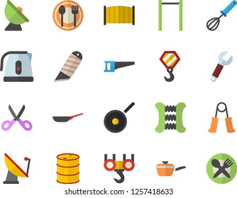 Color flat icon set hook flat vector, fence, stationery knife, frying pan, saute, teflon, electric kettle, whisk, scissors, table setting, saw, oil tanks, satellite antenna, wrench, carpal expander