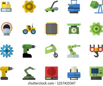 Color flat icon set hook flat vector, concrete mixer, cogwheel, drill screwdriver, weighing machine, tractor, lawn mower, robotics, cash, tomograph, printer, copy, cpu, industrial robot