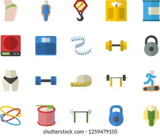 Color flat icon set hook flat vector, weighing machine, dumbbell, barbell, weight, centimeter, buttocks, waistline, Treadmill, proteins, steroids, hoop, size, lose