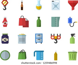 Color flat icon set hook flat vector, meashuring cup, sieve, sauce, jam, mustard, ketchup, pulverizer, canister, glass bottles, funnel, bags, medical warmer, analysis, archive, trash can