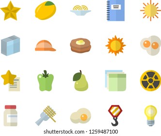 Color flat icon set hook flat vector, hard hat, lemon, spaghetti on a fork, bell pepper, scrambled eggs, pear, pancakes, sun, radiation, sticker, notebook, vitamins, favorites, lamp