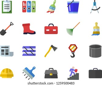 Color flat icon set hook flat vector, hard hat, putty knife, ax, shovel, paint brush, rake, bucketful, gumboots, pipe production, dividers, briefcase, clipboard, document, folder, paper tray, case