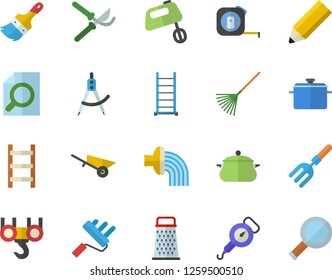 Color flat icon set hook flat vector, wheelbarrow, tape measure, ladder, paint brush, roller, saucepan, spring balance, mixer, grater, pitchfork, secateurs, rake, hose irrigation, dividers, pencil