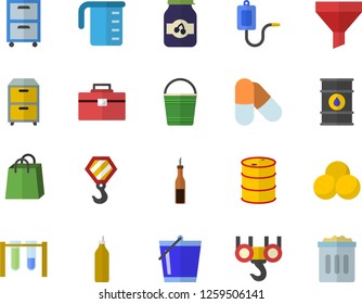 Color flat icon set hook flat vector, tool bag, meashuring cup, sauce, jam, mustard, bucketful, oil tanks, funnel, bags, medical warmer, archive, beakers, pills, trash can