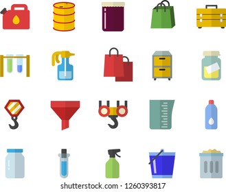 Color flat icon set hook flat vector, tool bag, meashuring cup, glass jar, jam, pulverizer, bucketful, oil tanks, canister, funnel, bags, medical analysis, archive, beakers, water, trash can