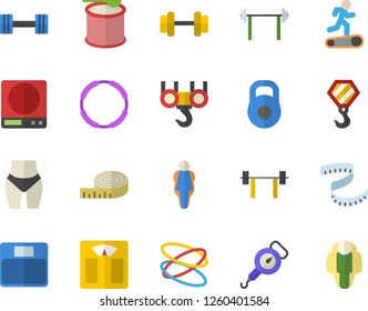 Color flat icon set hook flat vector, weighing machine, spring balance, dumbbell, barbell, weight, centimeter, waistline, Treadmill, steroids, hoop, size, lose