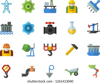 Color flat icon set hook flat vector, concrete mixer, wheelbarrow, cogwheel, putty knife, construction plummet, hammer, oil production platform, pumping, main pipeline, chemistry, power line support