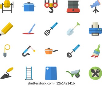 Color flat icon set hook flat vector, concrete mixer, trowel, wheelbarrow, ladder, construction plummet, saucepan, saute, whisk, cutting board, double boiler, shovel, paint brush, welding, scalpel