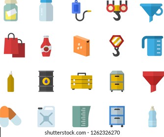 Color flat icon set hook flat vector, tool bag, meashuring cup, groats, glass jar, mustard, ketchup, oil tanks, canister, funnel, bags, medical warmer, analysis, archive, pills, water